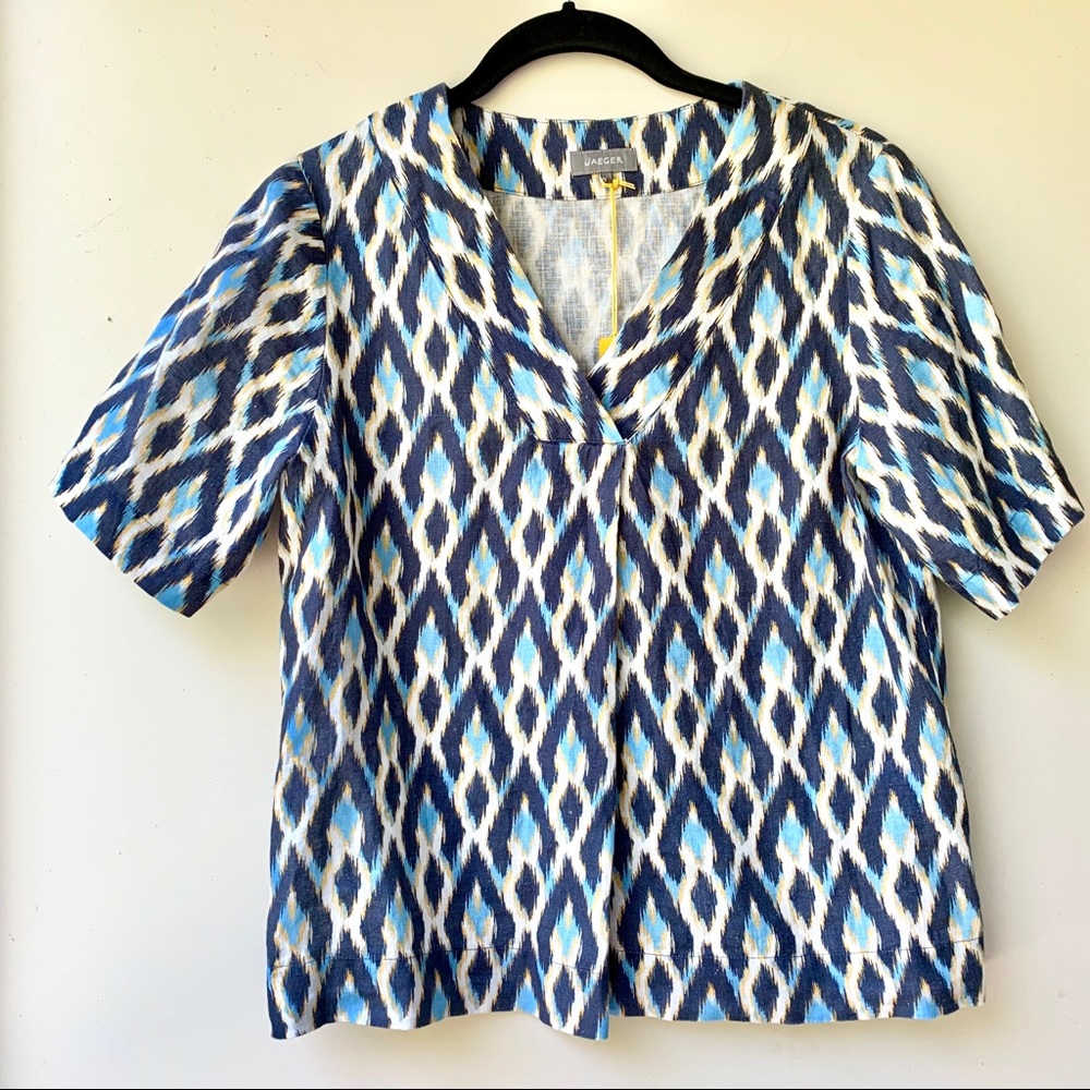 NWT Jaeger Linen Blue/Yellow Print V-Neck Shirt 4